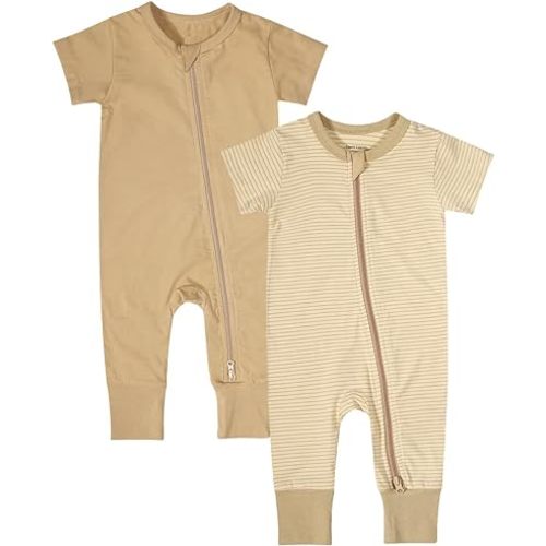 Teach Leanbh Baby Boys Girls 2-Pack Romper Jumpsuits Cotton 2 Way Zipper Short Sleeve Footless Sleep and Play 3-24 Months