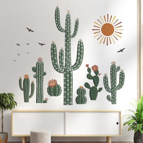 wondever Boho Cactus Wall Stickers Tropical Cacti Green Plants Peel and Stick Wall Art Decals for Living Room Bedroom Dining Room