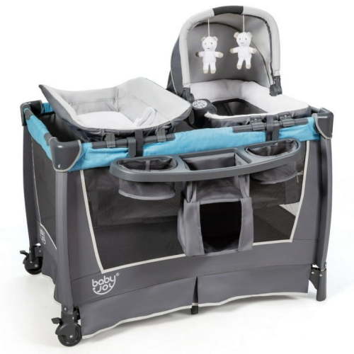 Resenkos 4-in-1 Convertible Portable Baby Play yard with Toys and Music Player-Blue, Portable Bassinet for Baby for Babies and Toddlers