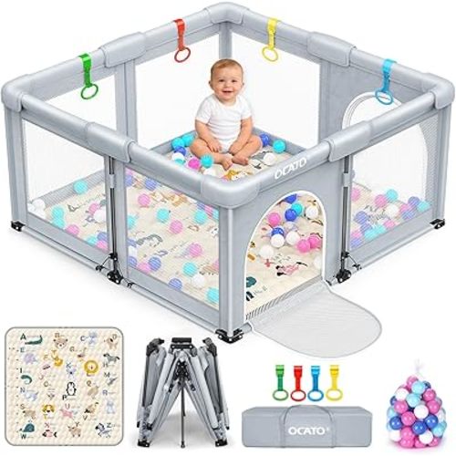 Baby Playpen with Mat: Foldable Playpen for Babies and Toddlers Play Pen Portable Playpens Fence Indoor Outdoor Kids Safety Area Play Yard with 50x50 Playpens Mat 4 Handlers 50 Balls (50" × 50")