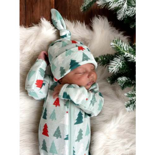 Organic Waffle Knot Beanie, Festive Firs