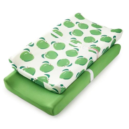 TILLYOU Baby Changing Pad Cover, Changing Table Cover for Girls Boys, Ultra Soft Breathable, 2 Pack Green Apple & Fruit Green