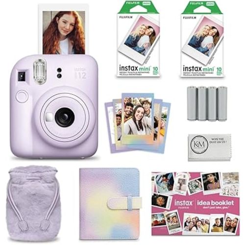 Fujifilm INSTAX MINI 12 Instant Film Holiday Camera Bundle (Lilac Purple) with Instax Mini Film (10 exposures) + Four AA Batteries & Cleaning Cloth (9 Items)