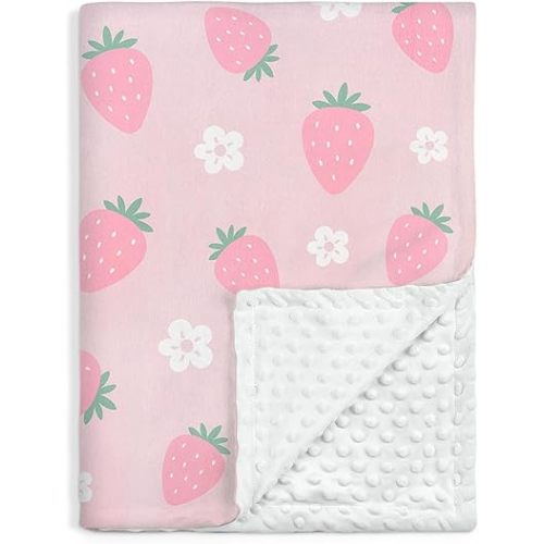 Strawberry Minky Baby Blanket 30 x 40 Inches for Girls, Soft Plush Receiving Blanket with Dotted Back, Gift for Toddler Newborn Infant Christmas Birthday Baby Shower