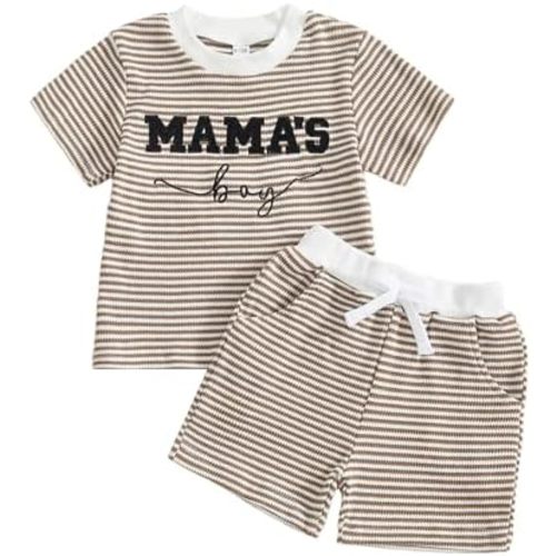Baby Boys Summer Clothes Striped Mamas Boy Waffle Short Sleeve T-shirt Tops Shorts Set 6 12 18 24 Months Outfits