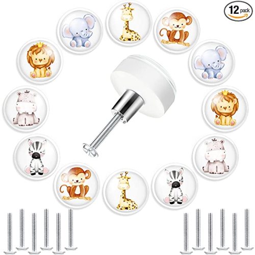 12 Set Safari Jungle Animal Drawer Knob Pulls Round Soft Rubber Forest Drawer Knobs Silicone Cabinet Drawer Knobs for Boys Girls Kids Dresser Knobs for Nursery Closet Kitchen Cabinet