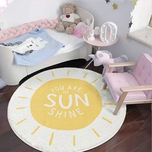 Poowe Sunshine Soft Plush Round Rug for Kids Room 4 ft Alphabet Rug Non Slip Nursery Rug Bedroom Playroom Rug Washable Classroom ABC Circle Rug for Kids Baby Toddlers
