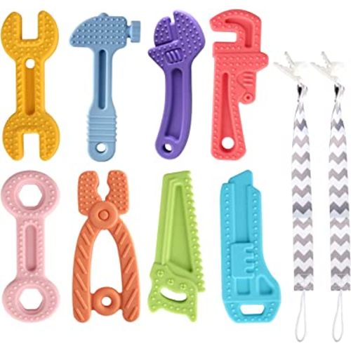 8 Pack Chew Baby Teething Toys for 0-12 Months, Freezable BPA Free Silicone Baby Molar Teether Chew Toys, Hammer Wrench Spanner Pliers Hand Saw Shape Baby Girl's Boy Car Seat Toy