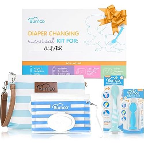 Bumco Baby Essentials Set - Personalized Diaper-Changing Baby Shower Gifts for Boys, Baby Gift Set with 2 Baby Bum Brushes (Original & Mini) + Diaper Clutch Bag + Wipes Wristlet, Newborn Gift Set