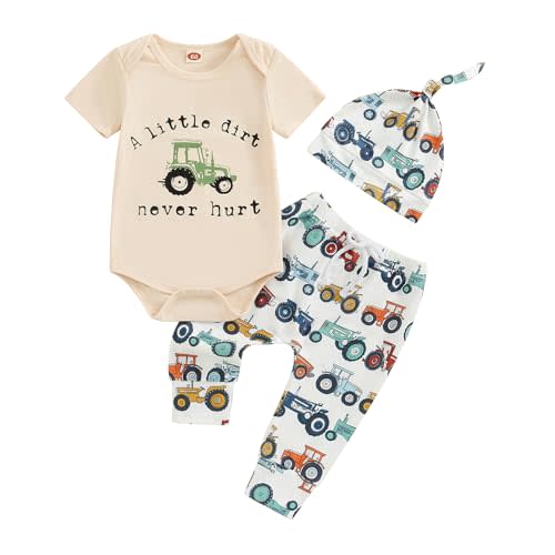 Newborn Baby Boy Tractor Clothes Cotton Funny Letter Bodysuit+Truck Leggings Hat Farm Baby Shower Coming Home Outfit