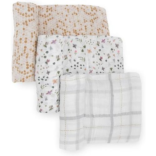 Little Unicorn Premium Muslin Swaddle Blanket 3 Pack | for swaddling, Play, Nursing & More | Giftable Set of 3 (Garden Bees)