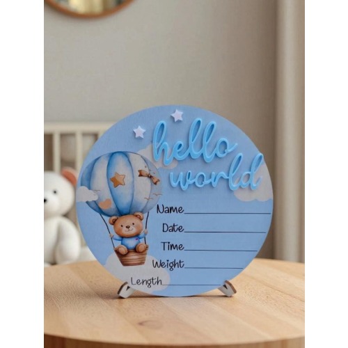 Hello World Baby Birth Announcement Sign | Personalized Newborn Name Board | Hot Air Balloon & Moon Photo Prop | Tiny Bunny Nursery Gift