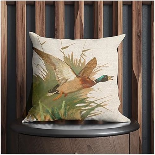 Linen Throw Pillow Covers Mallard Duck Flying Out Reed 18x18 Double Sided Vintage Farmhouse Style Decor Cushion Case for Sofa Bed Couch