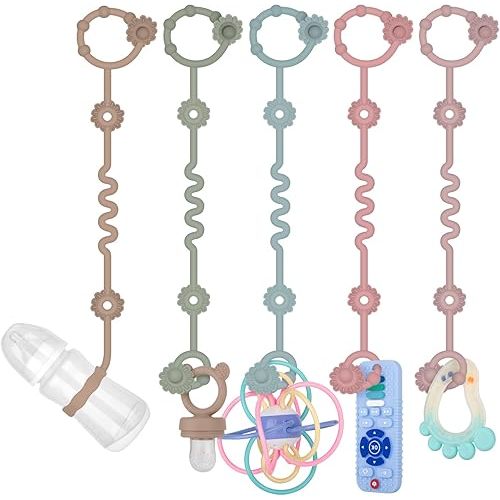 5 Pcs Toy Straps for Baby, Adjustable Stroller Accessories Toy Holder, Prevent Drop Silicone Pacifier Clip, Baby Travel Essential Applicable Sippy Cup (Sage+Sand+Ether+Powder Rose+Dusty Lilac)