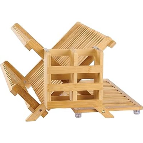 Bamboo Dish Drying Rack with Utensil Holder, Collapsible Wooden Dish Drainer Rack, 3-Tier Large Folding Drying Holder for Kitchen Counter