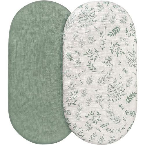 Muslin Bassinet Fitted Sheets, 2 Pack for Baby Boy and Girl, Soft Breathable Stretchy Baby Pad/Mattress Sheet Set, Universal Fit for Hourglass Oval and Rectangle Bassinet Mattress (Natural Leaves) - Bassinet Sheets 2 Pack