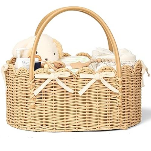 Large Diaper Caddy Organizer, Hand Rattan Scalloped Diaper Caddy Changing Table Organizer, Wicker Nursery Bakset Picnic Basket Household Organizer, Natural TB30