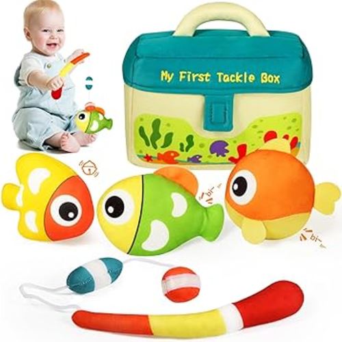 KMUYSL Baby Toys 0-12 Months, My First Tackle Box Plush Toys -4 Pcs Sensory Playset Soft Toys with Squeaker Crinkle for 0-3-6-9-12 Months Newborn Infant, Birthday for Boys Girls