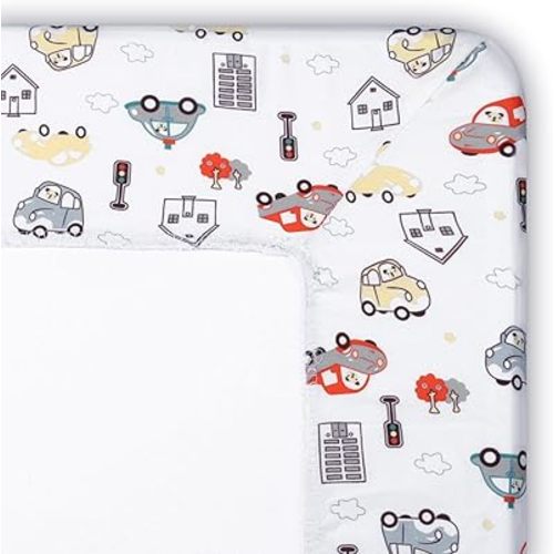 Mini Crib Sheet for Girls Boys, 38" x 26" Portable Pack N Play Sheets Fitted for Pack n Play Mattresses and Crib Mattress, Ultra Soft Cars Print Nursery Playard Mattress Sheets Cover for Baby