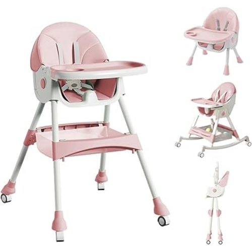 High Chairs for Babies and Toddlers, 4 in 1 Convertible Baby High Chair, Portable High Chair for Travel with Adjustable Height and Back, Foldable HighChair with Wheels& Pu Cushion