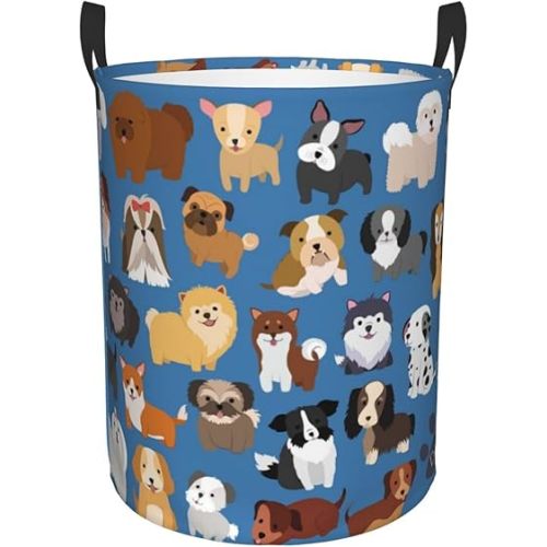 Cute Dogs Blue Round Laundry Hamper Storage Basket Toys Clothes Organizer Bin For Home Bathroom Bedroom Dorm Nursery, 62l
