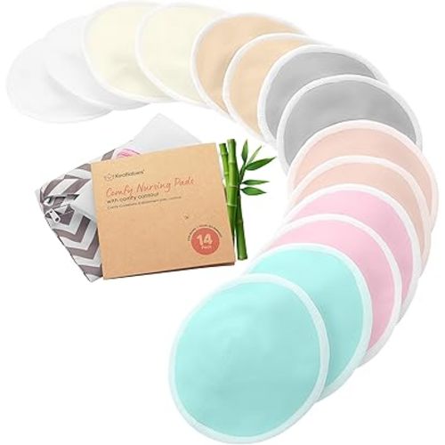 Organic Nursing Pads - 14 Washable Breast Pads for Breastfeeding, Wash Bag, Viscose Derived from Bamboo Reusable Nipple Covers for Breastfeeding Essentials, Soft & Absorbent (Pastel Touch, L 4.8")