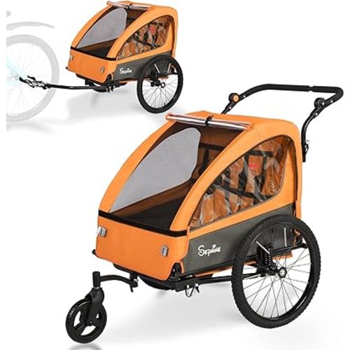 Sepnine 2-in-1 Kids Bike Trailer and Stroller with Suspension – Bike Trailer for 1 to 2 Children, Jogging Function, Foldable, 5-Point Harness, Spacious Storage, with Bug Screen and Weather Shield