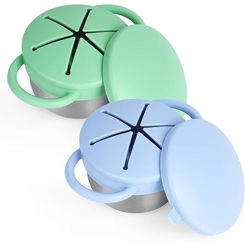 2 Pack Snack Cups for Toddlers Spill Proof - Detachable Stainless Steel Toddler Snack Cups with Silicone Lids & Handles - Dishwasher Safe Baby Snack Containers for Mess-Free Snacking (Blue and Green)