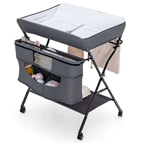 Costzon Baby Changing Table, Adjustable Height Portable Diaper Station w/Lockable Wheels, Safety Belt, Large Storage Rack & Bag, Folding Nursery Station for Infant Newborn (Grey) - 31.5x27x40 Inch (Pack of 1)
