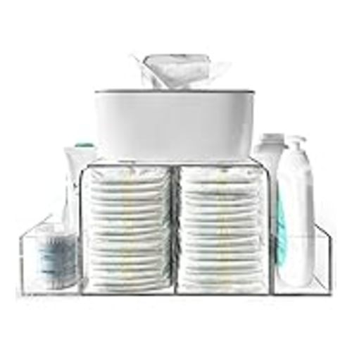 Diaper Caddy, Baby Changing Table Organizer, Detachable Clear Acrylic Diaper Storage for Wipe Dispenser, Wipe Warmer and other Diapering Essentials - 16.4x6x8.6
