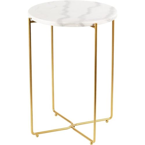 Real Marble top Gold Metal Round 15 in Side End Table with Modern Lightweiht Bedside Small Coffee Table Plant Stand for Living Room Bedroom Small Space