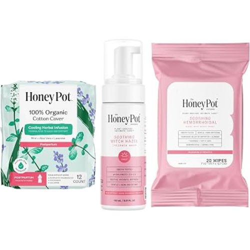 The Honey Pot Company - Postpartum Pads, Wash, & Wipe Bundle - Postpartum Essentials - 12ct Pads, Witch Hazel Feminine Wash, 20ct Witch Hazel Feminine & Hemorrhoid Wipes