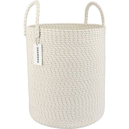 Cotton Rope Laundry Basket Hamper for Clothes Woven Storage Basket for Living Room Bedroom Boho Tall Rope Baskets for Blanket Toys Pillow Towels Baby Nursery Hamper Bin striped
