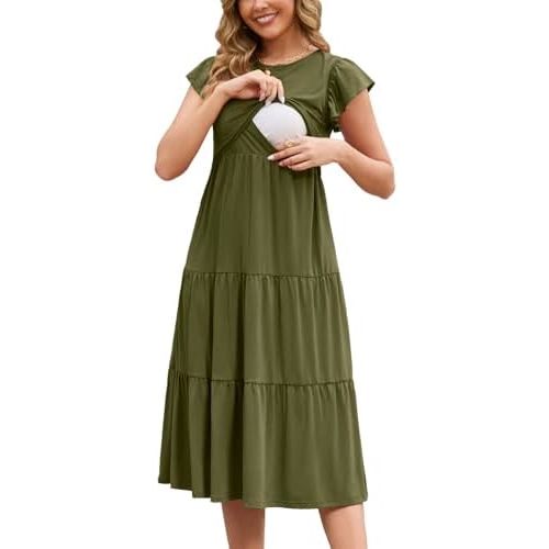 GINKANA Women Nursing Dress Flutter Sleeve Midi Dress Crew Neck Nursing Friendly Dresses Loose Flowy Maternity Beach Dress