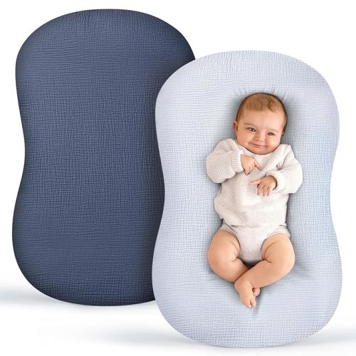 Termichy Baby Lounger Covers Muslin: Soft and Breathable Slipcover for Snuggle Me Lounger - Machine Washable & Zipper-Free for Safe Daily Use - Navy & Blue for Boys