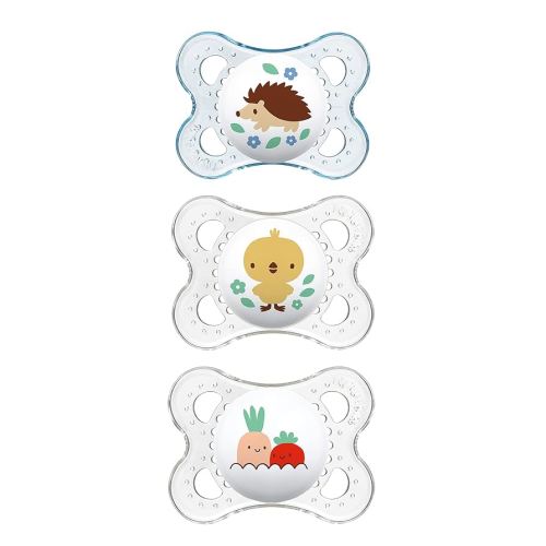 MAM Original Baby Pacifier, Nipple Shape Helps Promote Healthy Oral Development, Curved Shield to Protect Skin,Clear/Boy, 0-6, 3 Count (Pack of 1)