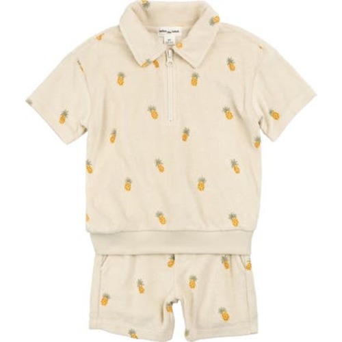 Pineapple Print Terry Cloth Half Zip Polo & Shorts Set