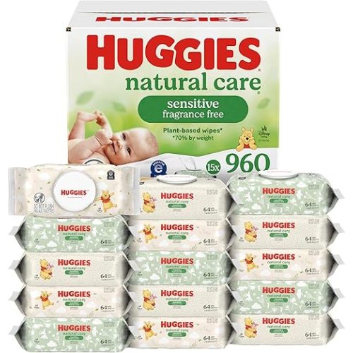 Huggies Natural Care Sensitive Baby Wipes, Unscented, Hypoallergenic, 99% Purified Water, 15 Flip-Top Packs (960 Wipes Total)