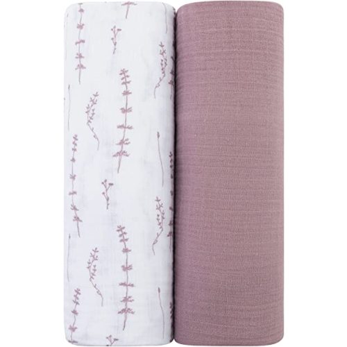 Ely's & Co. Muslin Swaddle Blanket 2-Pack — 100% Cotton Muslin Extra-Large Swaddle Blankets (47” x 47”) Solid + Printed (Delicate Leaves + Solid Lavender)