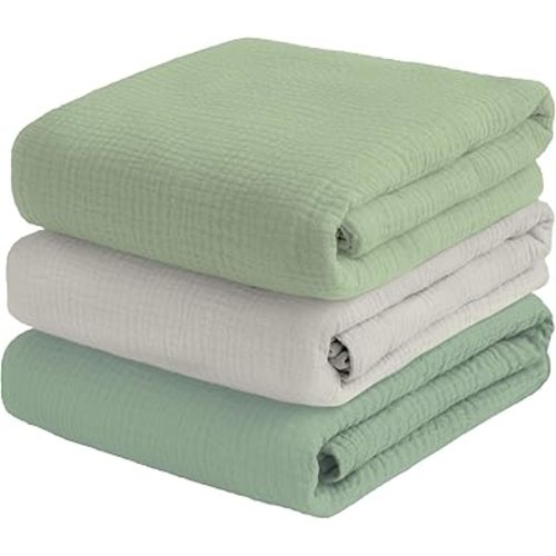 Muslin Swaddle Blankets for Baby Boy - 3 Pack 47x47 Inch Large Receiving Blankets, Soft Breathable Cotton Nursery Swaddles for Newborn, Infant & Todler (Sage Green, Cream White, Pea Green)