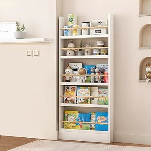 Book Shelf, Behind The Door Bookshelf, 3/4/5/6-Tier Behind The Door Shelf, Solid Wood Bookcase, Narrow Bookshelf for Kids, Space Saving, Book/Toy Organizer for Bedroom/Living Room/Office