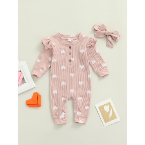 My First Valentines Day Baby Girl Outfit Newborn Long Sleeve Button Jumpsuit Heart Knit Bodysuit + Headband 0-18 Months (White,0-3 Months)