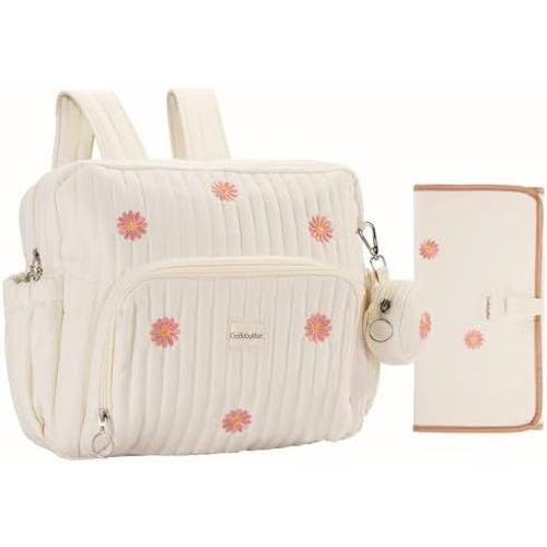 Diaper Bag Backpack, Mini Maternity baby bag with Changing Pad, Insulated Pockets, Stroller Straps & Pacifier Case (Beige - Flowers)