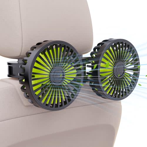 Hayousui USB Car Cooling Fans for Backseat: Dual Head Car Fan for Kids 3 Speeds 360° Rotatable Vehicle Rear Headrest Fans 5V Powerful Electric Air Circulation Fan for Sedan SUV RV Truck (Black+Green)