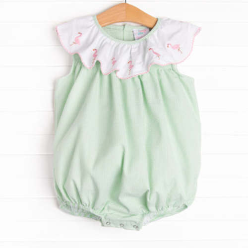 Flamingo Flock Embroidered Bubble, Green Seersucker – Stitchy Fish