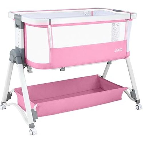 JMMD Baby Bassinet Bedside Sleeper, 3 in1 Baby Bassinet with 6 Levels Height Adjustable Side Sleeper Foldable and Portable Bedside Sleeper for Baby (Pink)