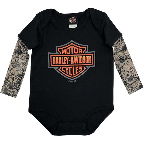 Harley-Davidson Baby Boys' Bar & Shield Mesh Tattoo Long Sleeve Creeper - Black