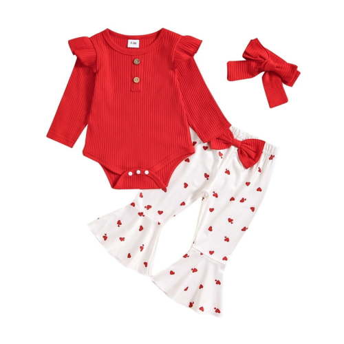Cathalem Baby Girl Outfits 3pc Long Sleeve Romper and Pant and Headband (RD1,6-12 Months)