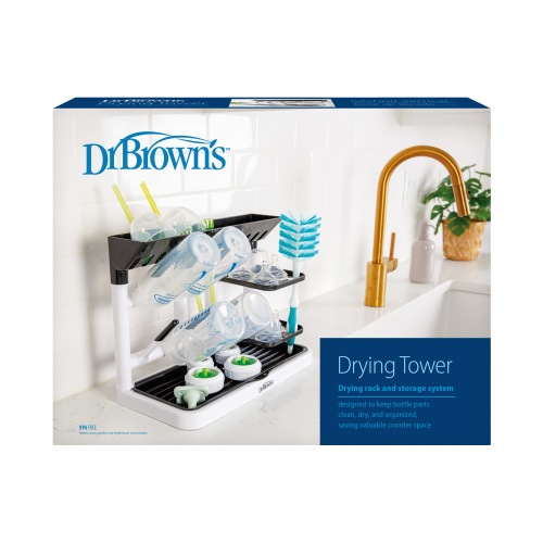 Dr. Brown’s Drying Tower, Stand-Up Drying Rack, Countertop Baby Bottle Drying with Organized Storage for Baby Essentials, Space Saving Vertical Rack 