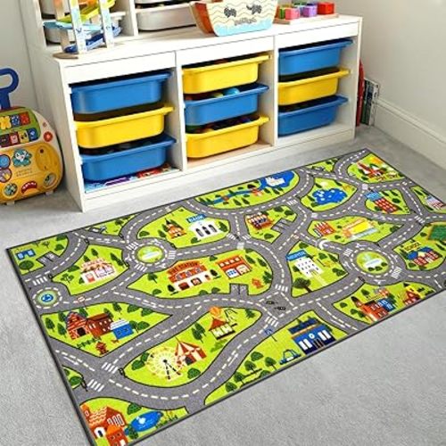 STARUIA Kids Carpet Playmat Rug, 60" x 32"Ultra Non-Slip Car Rug Play Mat Learn and Have Fun Educational City Road Car Mat for Kids Toy Cars, Washable Boy Room Rugs for Playroom Bedroom Nursery